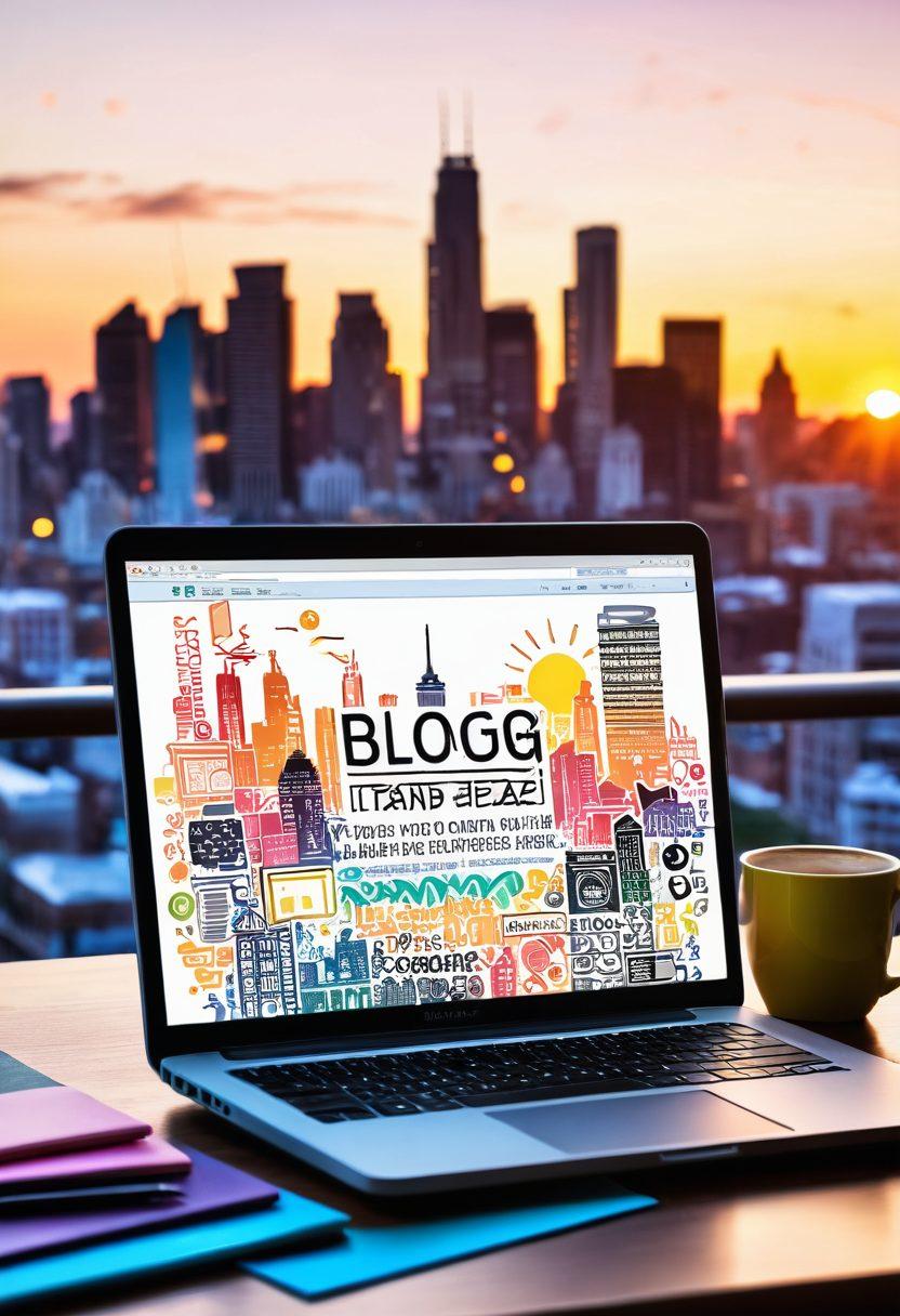 A vibrant, open laptop with a glowing screen displaying creative blog ideas, surrounded by colorful stationery and coffee cups. In the background, an inspiring city skyline at sunset symbolizes limitless possibilities. Floating above are icons representing social media and successful blogging efforts, creating a sense of community and engagement. super-realistic. vibrant colors. white background.