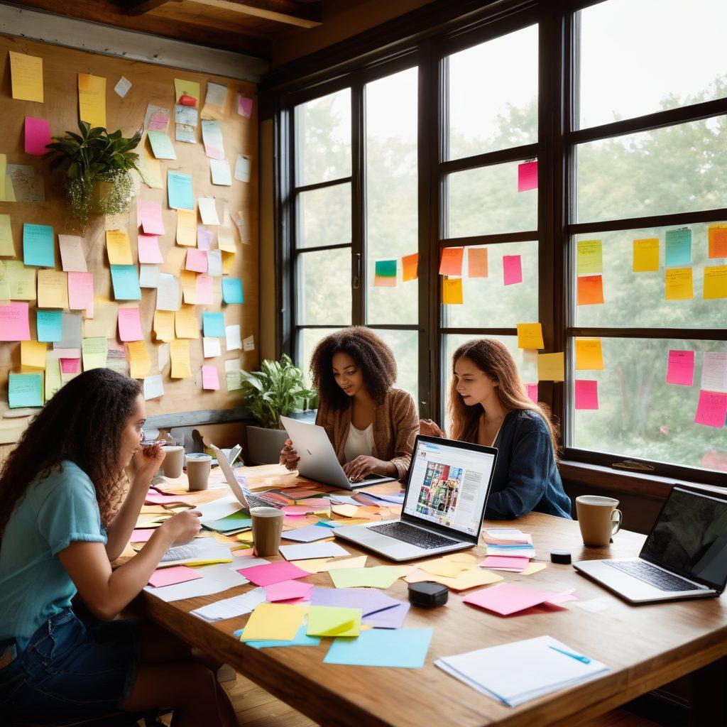 A diverse group of passionate bloggers brainstorming ideas around a large wooden table, colorful sticky notes scattered everywhere, laptops open, and coffee cups in hand. The background showcases various blog topics illustrated on a chalkboard, including travel, fashion, and technology. Bright, inspiring natural light flows through a window, creating an energizing atmosphere. super-realistic. vibrant colors. cozy interior.