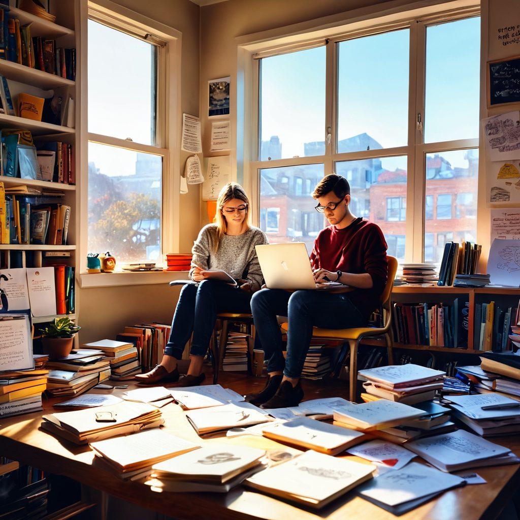 A person sitting at a cozy desk surrounded by books and a laptop, with vibrant ideas floating in the air like colorful thought bubbles filled with words and images. Sunlight streams through the window, illuminating a notepad filled with sketches and notes. The atmosphere conveys creativity and transformation with a mix of digital and artistic elements. super-realistic. vibrant colors. warm tones.